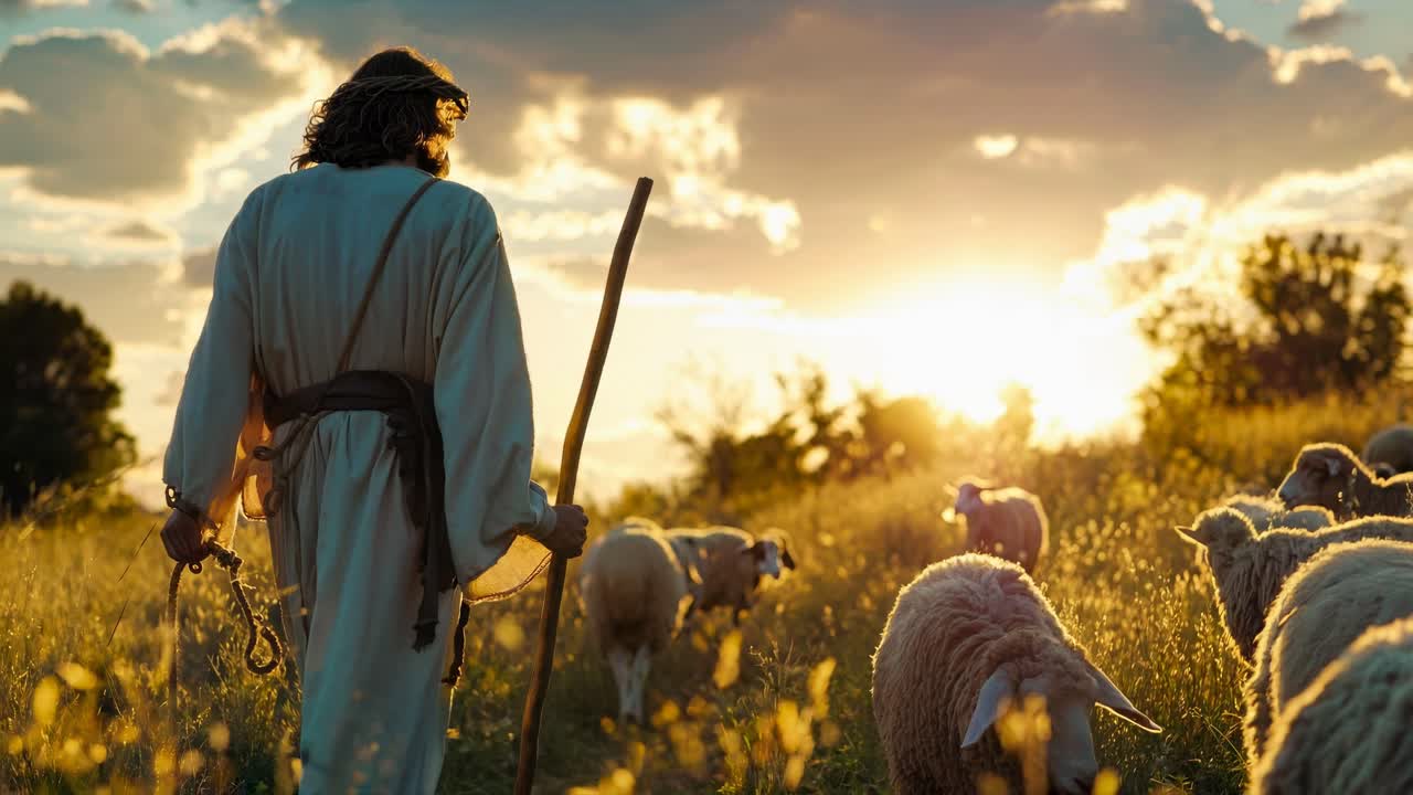 A shepherd in a flowing robe, holding a staff, walks among sheep at sunset