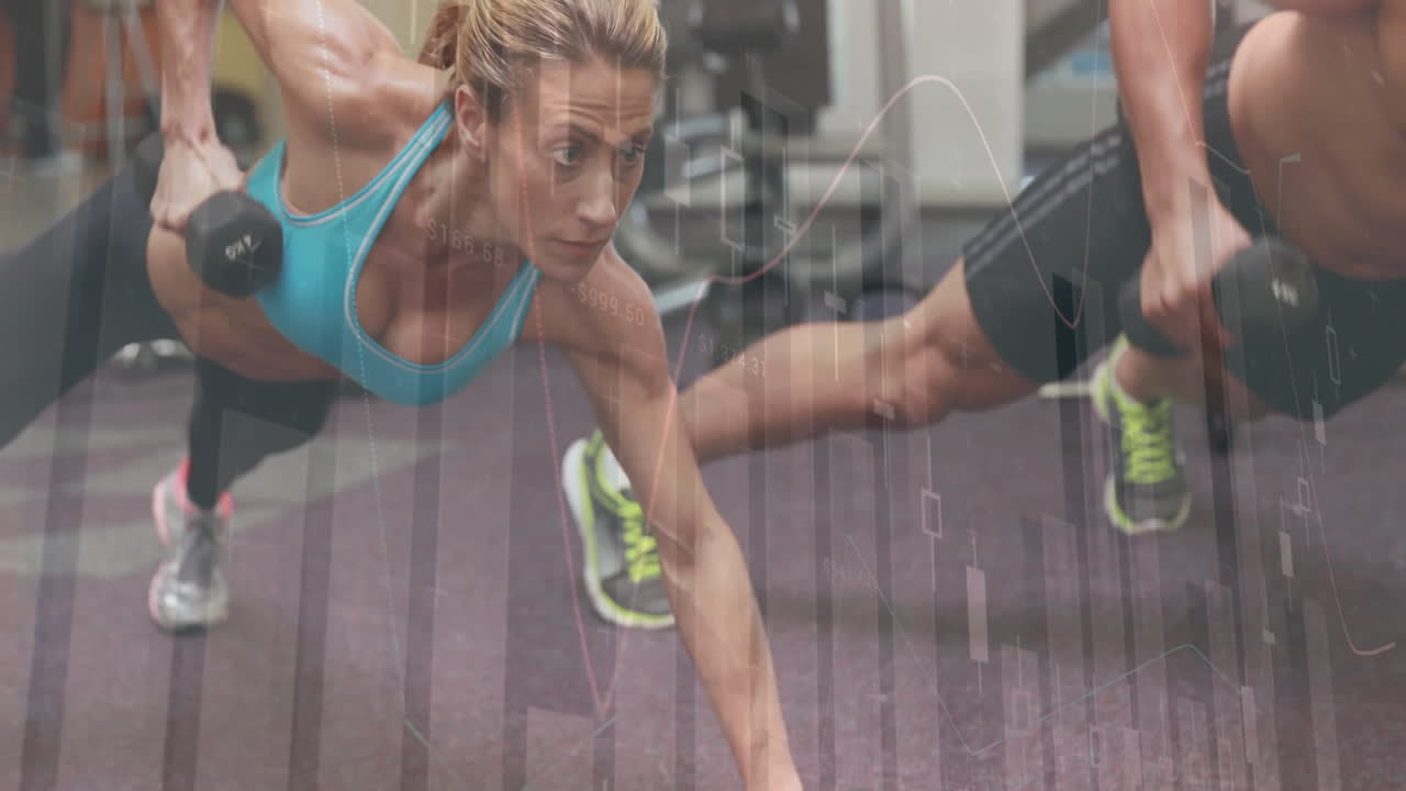 Stock market data animation over athletes doing push-up exercises in gym
