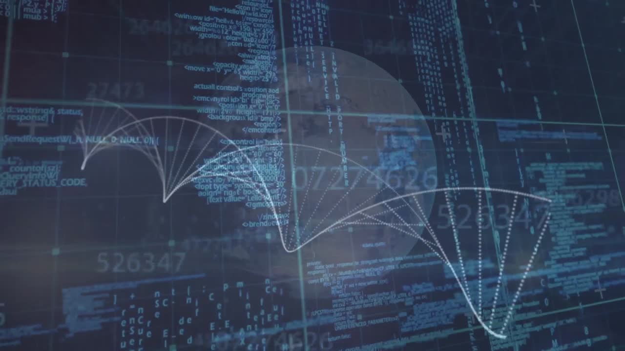 Animation of data processing and globe over dna strand