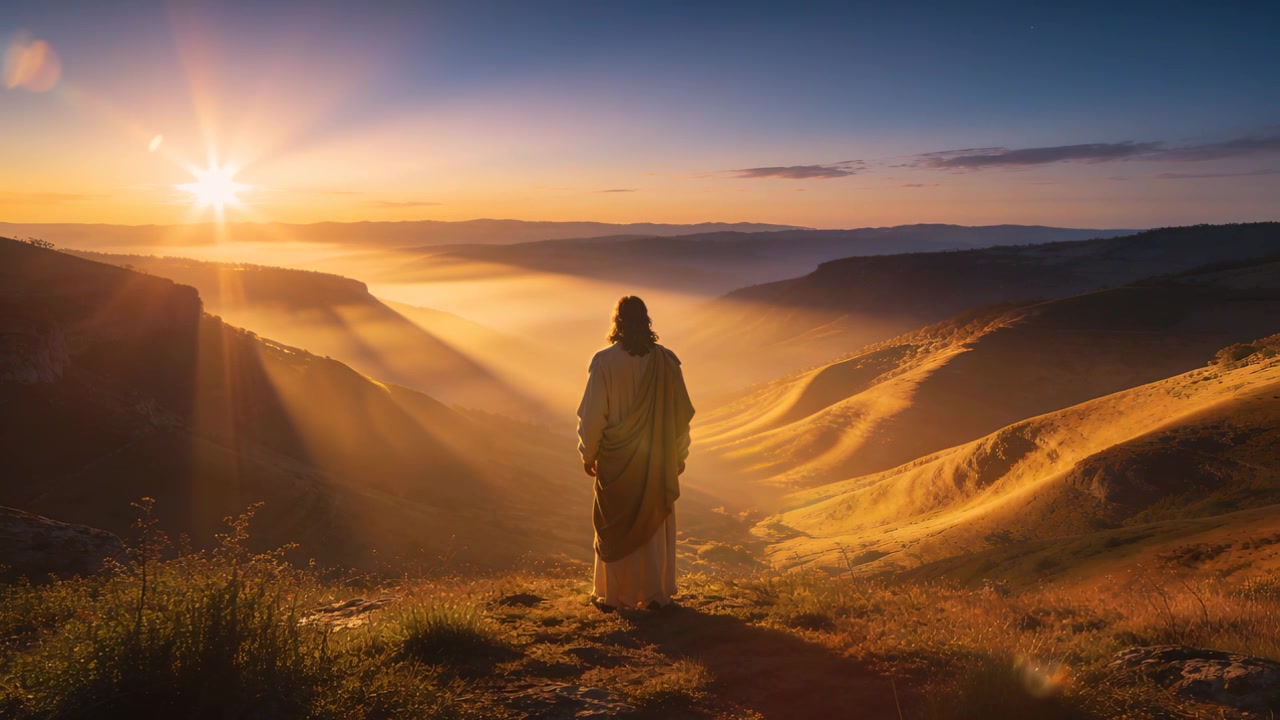 Hombre de pie, vestido con túnica y capa, contemplando el amanecer mientras el sol rompe el horizonte en un saliente rocoso, con niebla.
