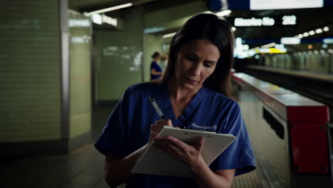 woman writing on clipboard in subway station