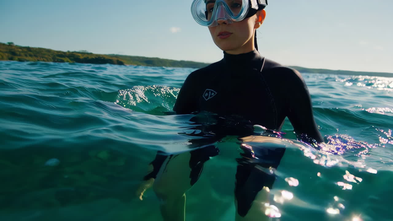 Nainen valmistautumassa snorklaukseen kirkkaassa valtamerivedessä