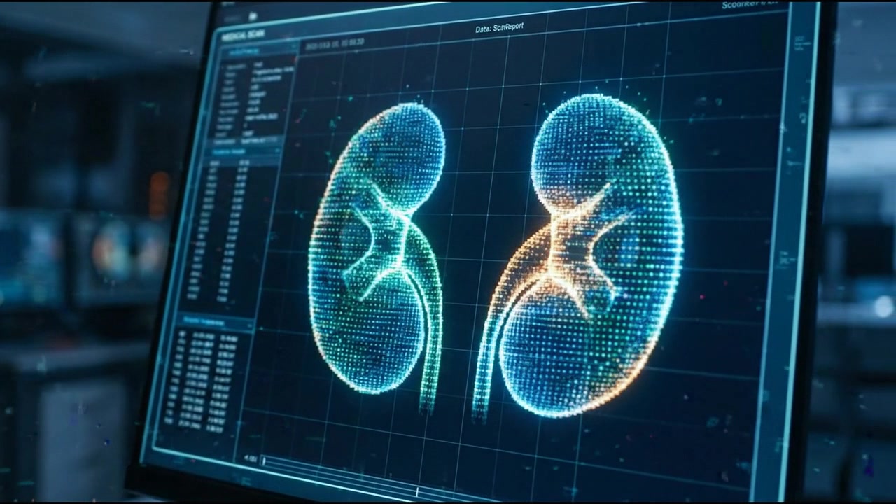 Two glowing kidneys with branching renal vessels on futuristic diagnostic screen