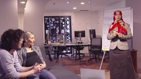 muslim woman in a modern open space coworking office giving a presentation to team. middle eastern arab businesswoman in creative startup office. disabled businessman in a wheelchair on team meeting