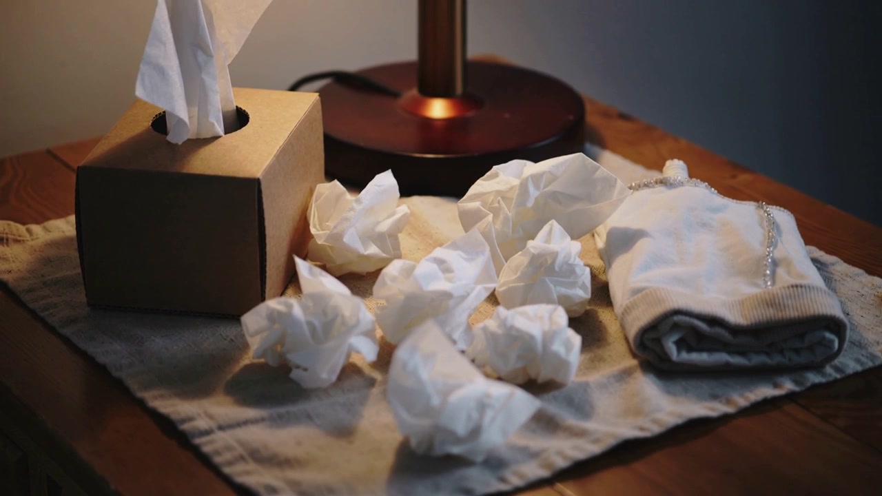Panning camera showing bedside table, tissue box, crumpled tissues, folded knit