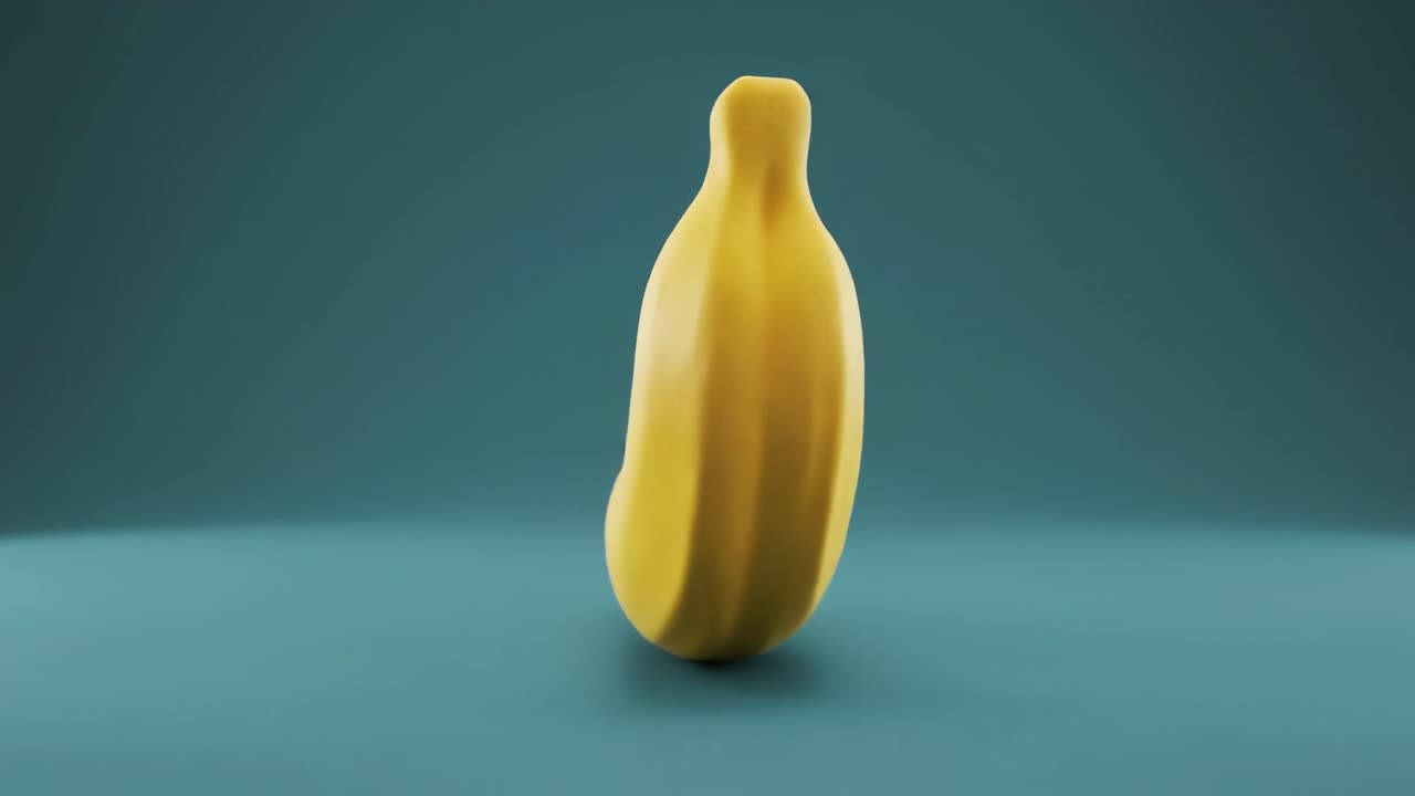 Banana gialla renderizzata in 3D rotante su sfondo verde acqua