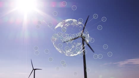 animation of globe with icons over wind turbine