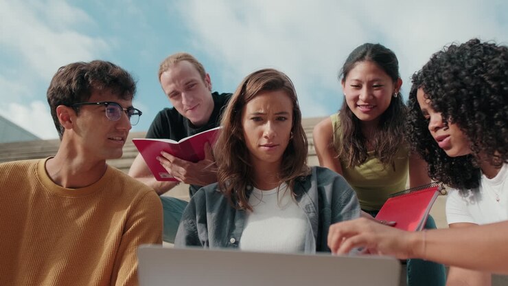 Friendly group of multiracial high-school students using computer technology