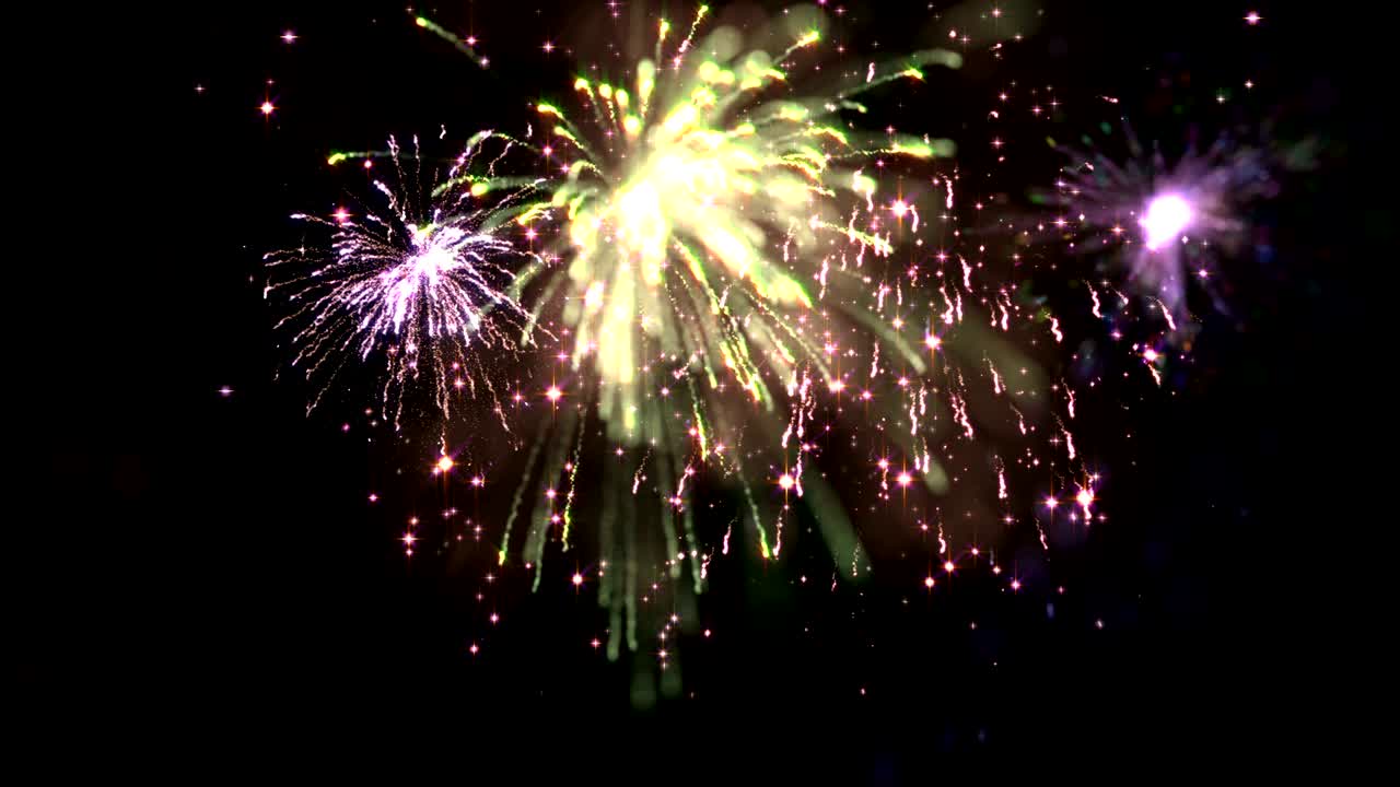 Multicolor Defocused Sparkling Fireworks Display with Reveal, Loop and Matte