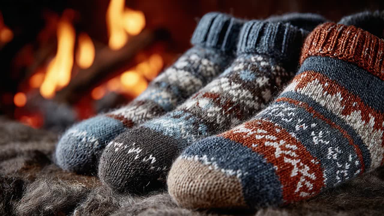 Cozy Knitted Socks by the Fire: A Warm Winter Scene with Decorative Patterns Perfect for Keeping Feet Comfy and Stylish During Cold Days