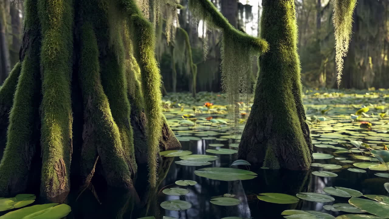 Serene Swamp with Mossy Cypress Trees and Water Lilies