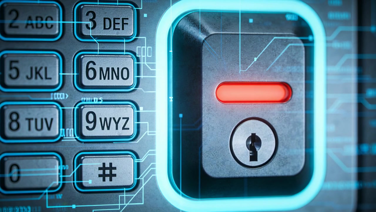 Starting digital scan, square lock showing red indicator signaling locked state, keypad, keyhole