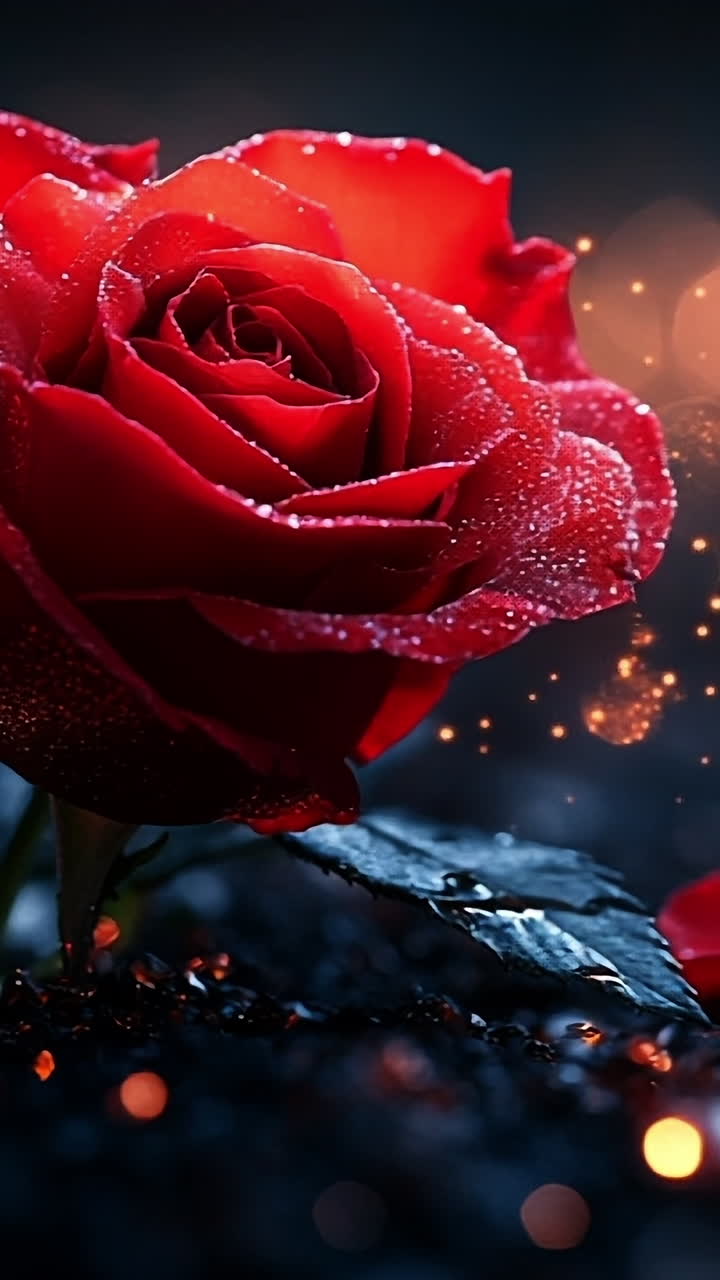 Red rose with dew on dark background