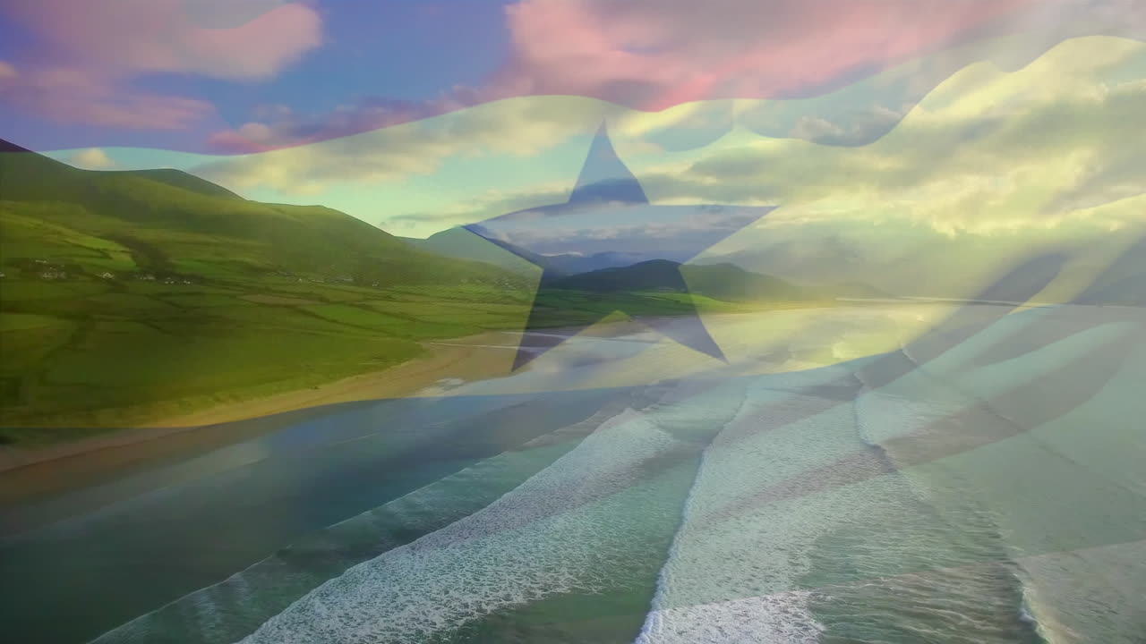 가나의 국기가 해변 풍경 위에서 날아다니는 애니메이션