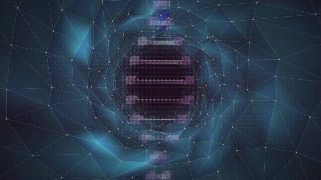 Lila Pixel flimmern im Kern, bilden Balken, die sich in rotierende Cluster aufteilen, zeigen Datenfluss.