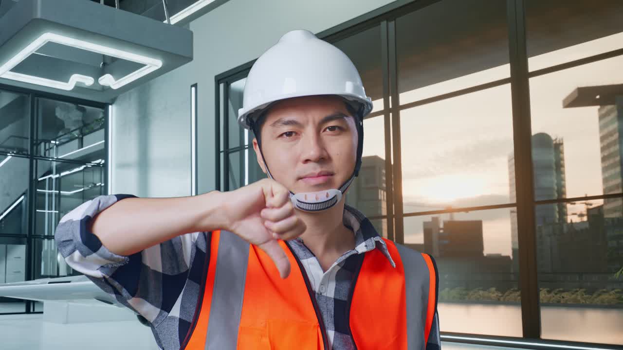 안전 헬을 착용한 아시아 남성 엔지니어가 엄지손가락을 내려놓고 머리를 흔들며 드론 프로젝트를 진행하고 있다.