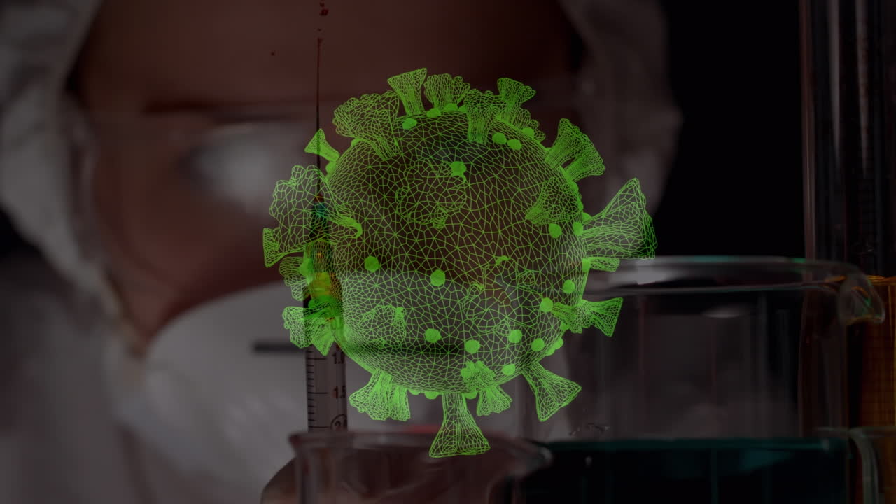 animación de las células de covid 19 sobre el científico con máscaras faciales