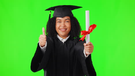 Graduate,-green-screen-and-woman-thumbs-up