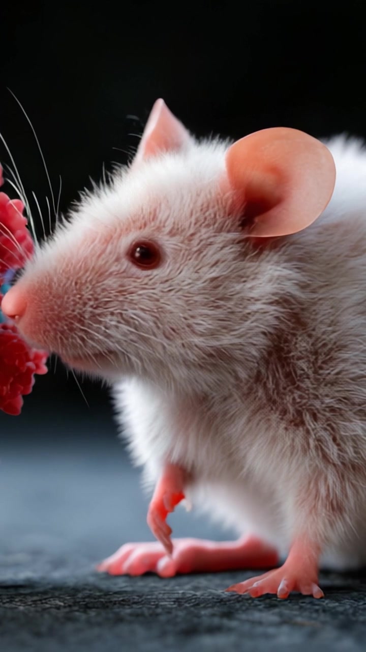 Una vista ravvicinata di un topo dal pelo morbido e dalle orecchie rosa che esamina con curiosità una composizione floreale colorata, catturato con dettagli mozzafiato e colori vivaci