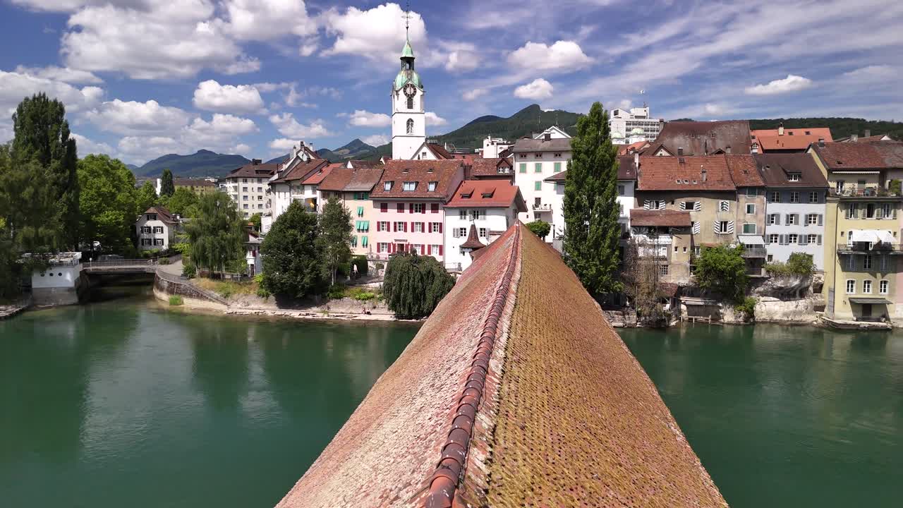 Roman Old wooden bridge Olten Switzerland town aerial drone infrastructure