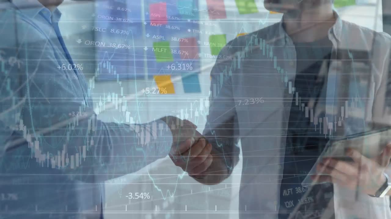animación del globo y gráficos financieros sobre diversos hombres de negocios que se dan la mano