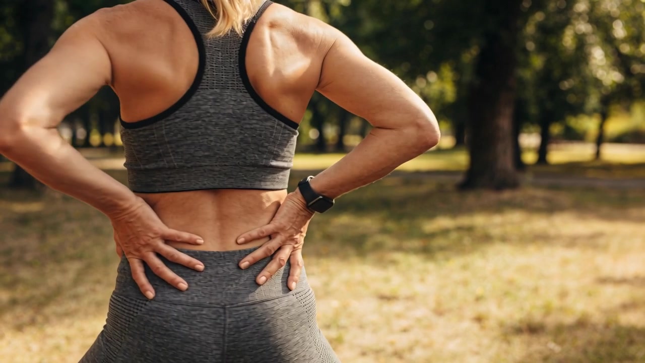 Mujer sintiendo tensión en la parte baja de la espalda, masajeándose la espalda en un parque, con ropa deportiva gris y un reloj inteligente.