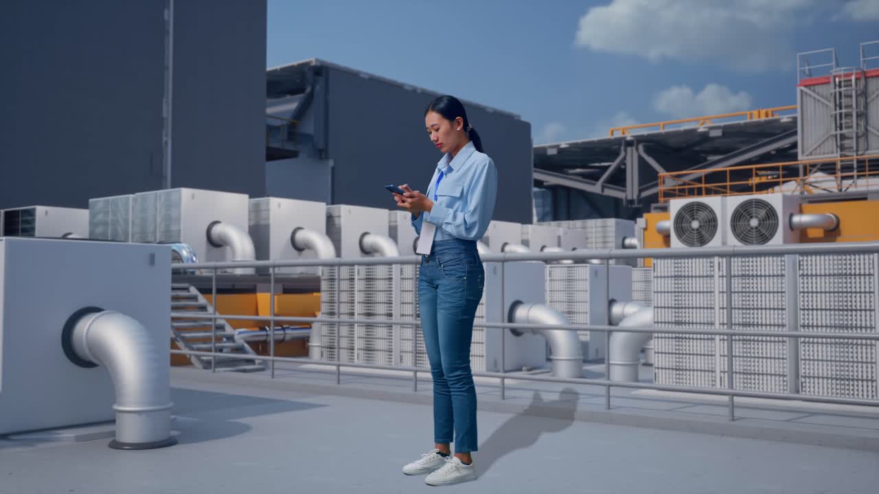 Full Body Side View Of Female Worker With Her Phone, Worker Inspecting Rooftop HVAC Units in Industrial Building, She Observes By Looking Around Before She Come To Concentrating With Her Smartphone