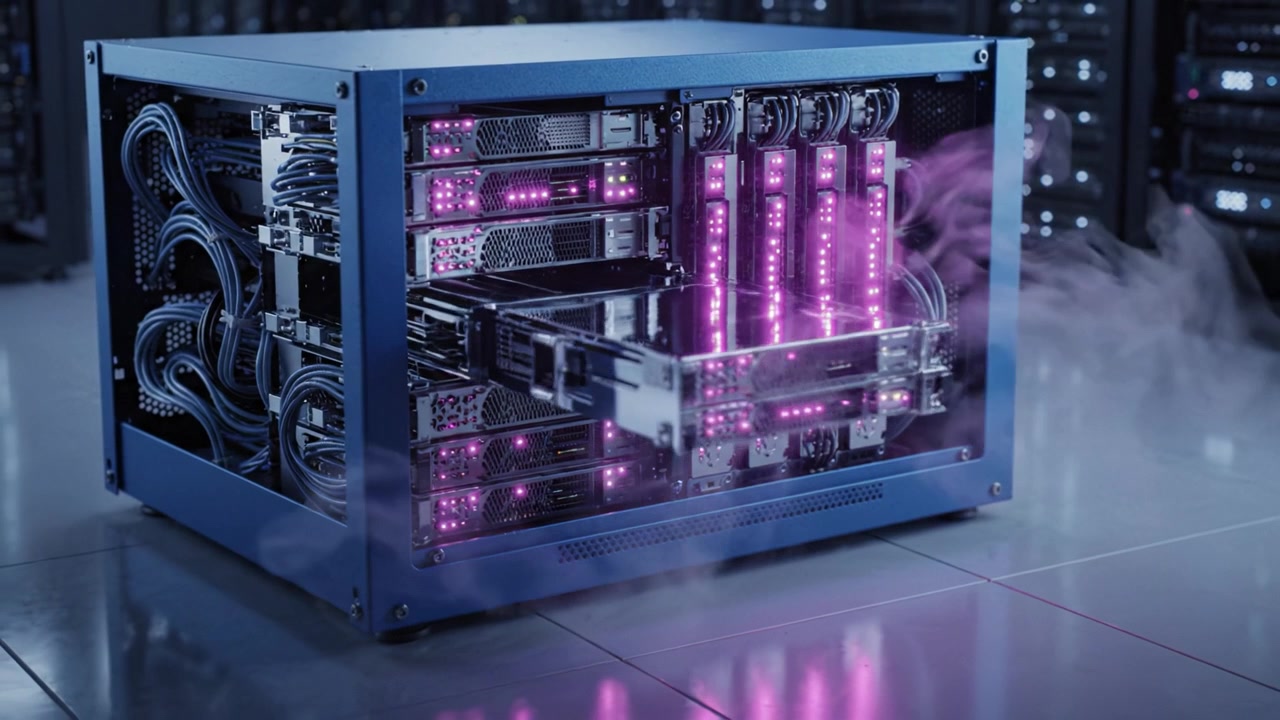 Avanceret serverrack i datacenter med flere højtydende servere med levende pink LED-lys, der viser moderne computerteknologi.