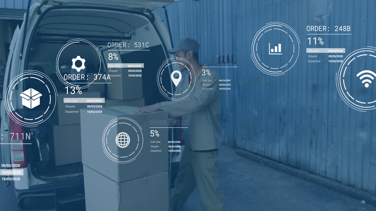 Loading boxes into van, delivery worker with animation of digital data graphics