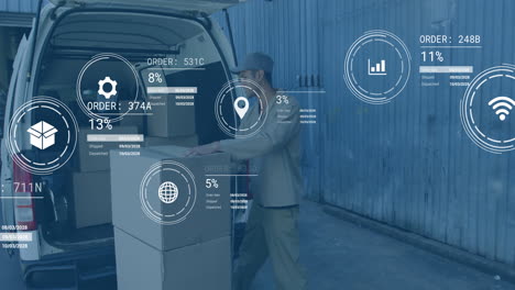 loading boxes into van, delivery worker with animation of digital data graphics