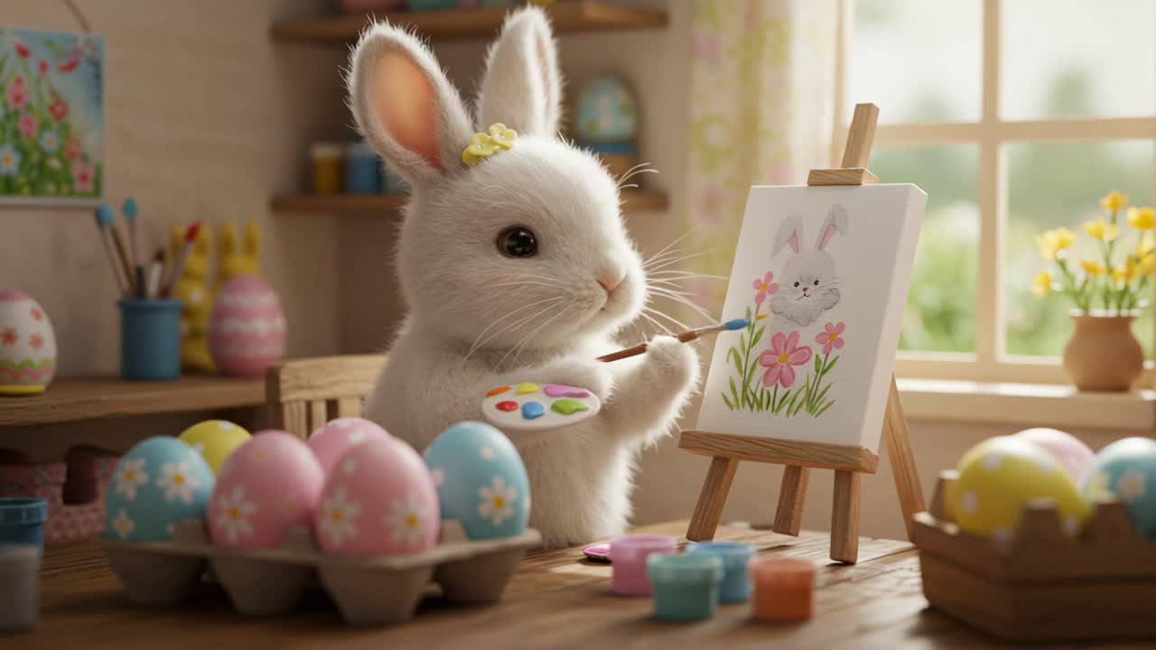 A Cute Bunny Artist Painting a Colorful Easter Scene Surrounded by Egg Decorations, Expressing Creativity in a Bright and Cheerful Room Filled with Spring Vibes