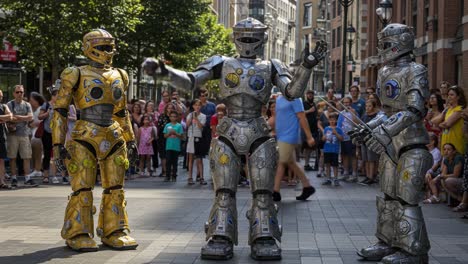 colorful robot performers engaging crowds in a city street: a dynamic display of entertainment and technology as spectators gather to enjoy the show
