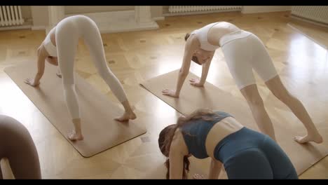 women practicing yoga poses in a studio