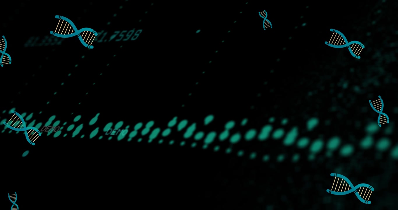 Digital DNA Strands and Data Streams on Dark Background