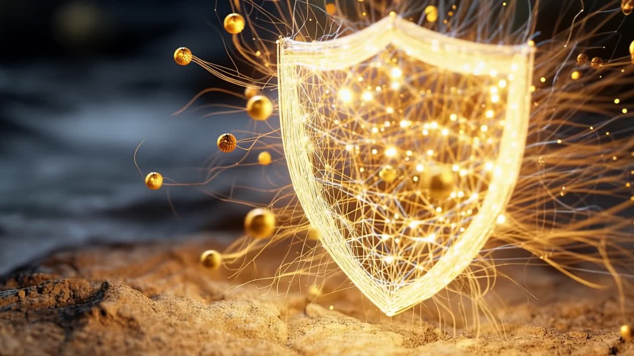 Golden shield glows, radiating energy. Sparkling particles swirl around protective form. Shield stands firm, guarding against unseen threats. Emotionless, symbolizes strength and defense