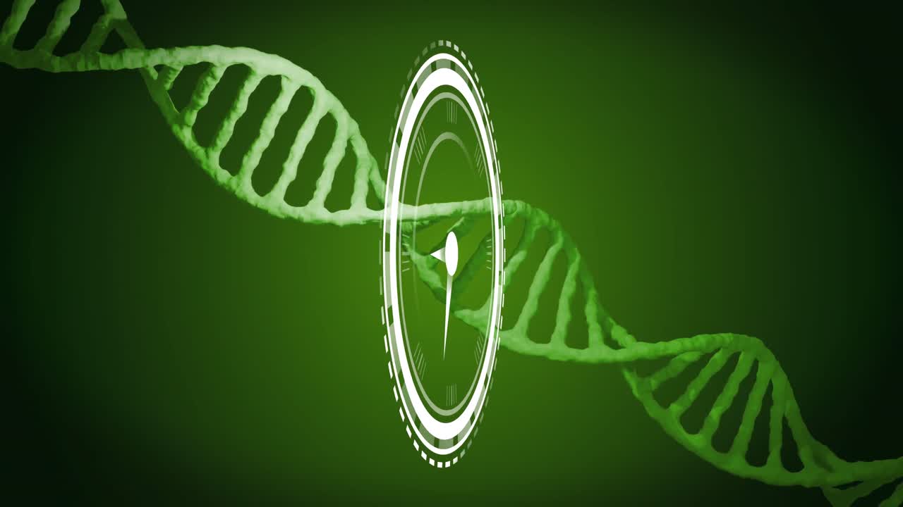 animación del icono del reloj sobre la estructura del adn contra un fondo que cambia de color