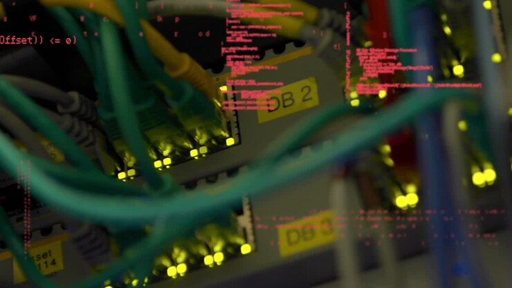 Animation of data processing over close up of computer server