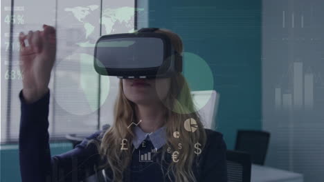 animation of statistics and data processing over caucasian woman in vr headset