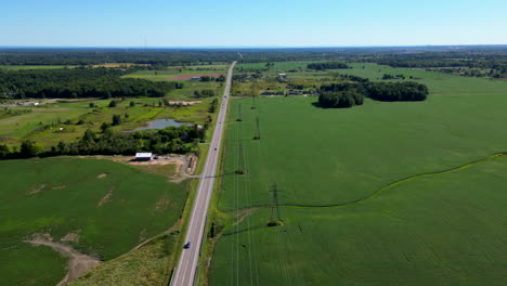hyperlapse aerial drone top fly above road with power lines between green plain