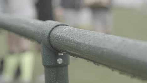 close up shot of a bar or fence covered in rain drops with footballers in the background in slowmotion log