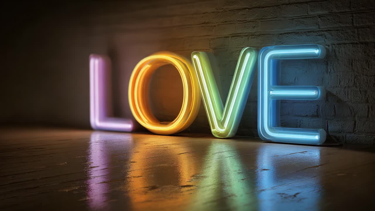 Vibrant Neon Sign of Love: A Stunning Display of Colorful Letters Creating a Radiant Ambiance with Mirror Reflection on Glossy Surface