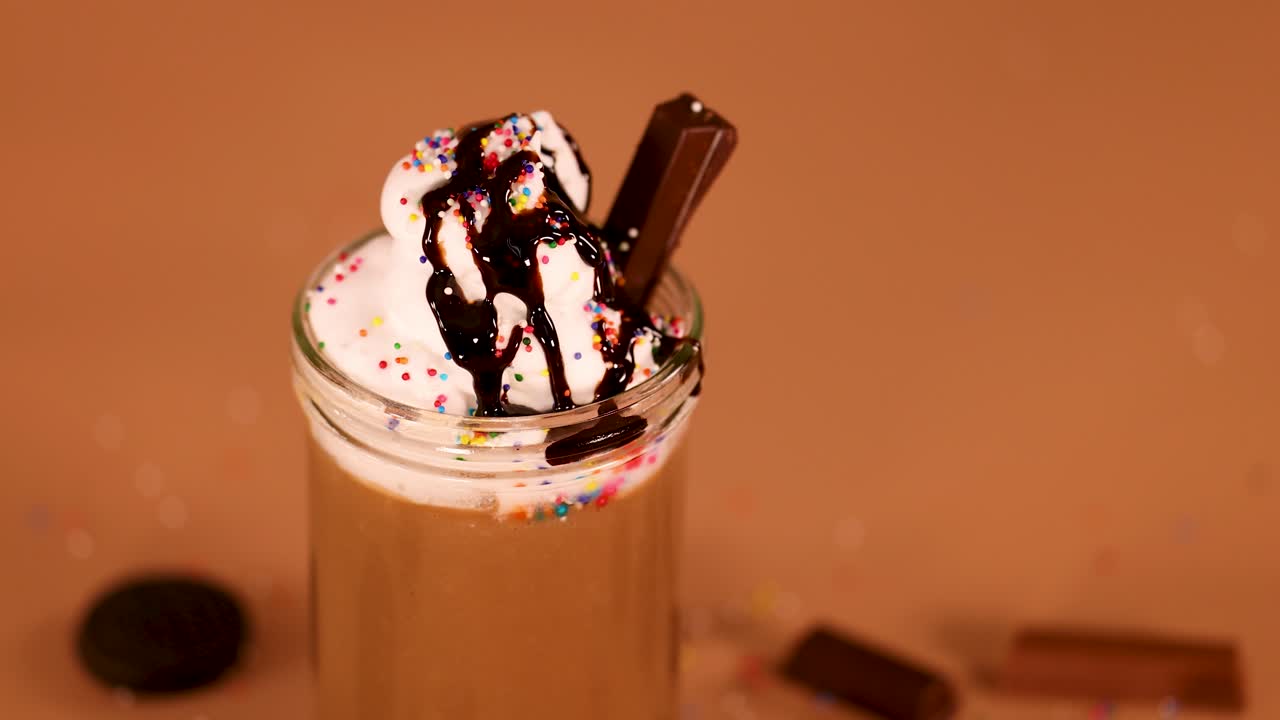 Milkshake al cioccolato con panna montata, sciroppo al cioccolato, zuccherini e barretta di cioccolato, illuminazione da studio