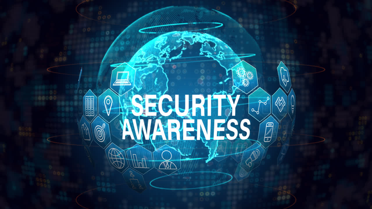Animation of security awareness text with icons over globe on black background