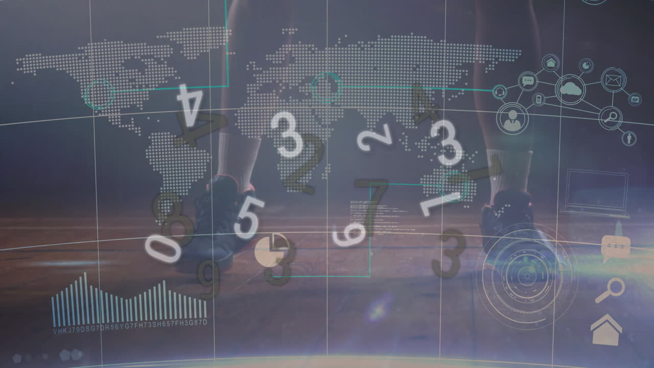 Animation of digital numbers and graphs overlaying world map with person exercising