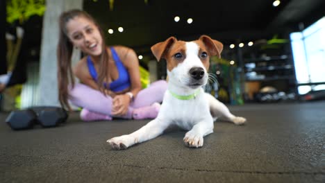 woman and dog in a gym