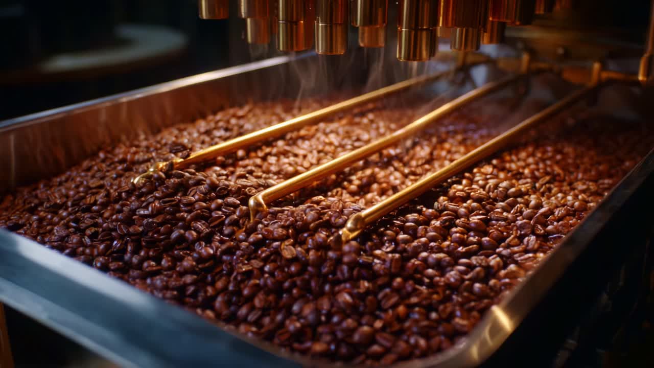 Brewing Process of Fresh Coffee Beans with Hot Water and Golden Taps, Capturing Aromatic Flavors and Rich Colors of Luxurious Coffee Experience
