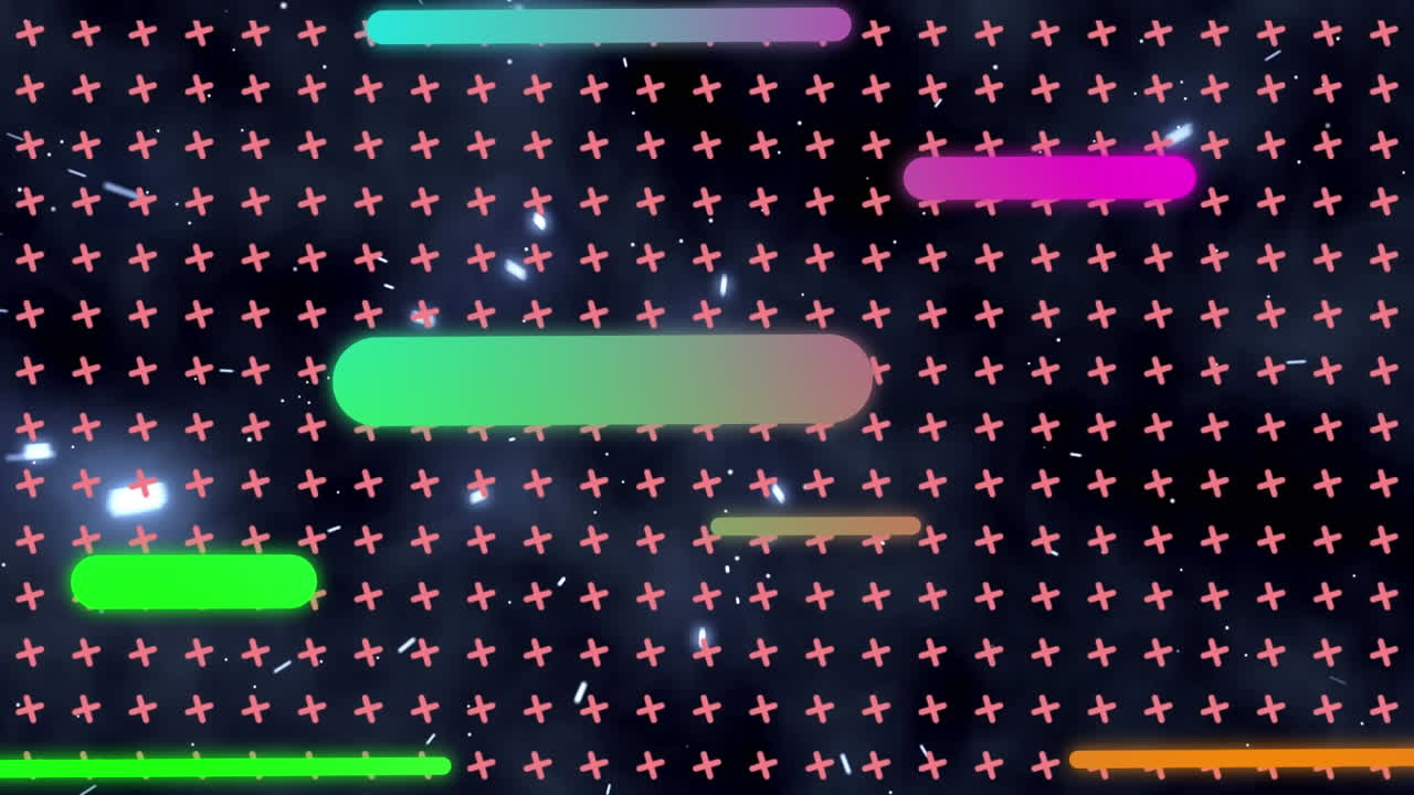 조명된 패턴에 대해 회전하는 x 기호 위에 다채로운 막대기의 애니메이션