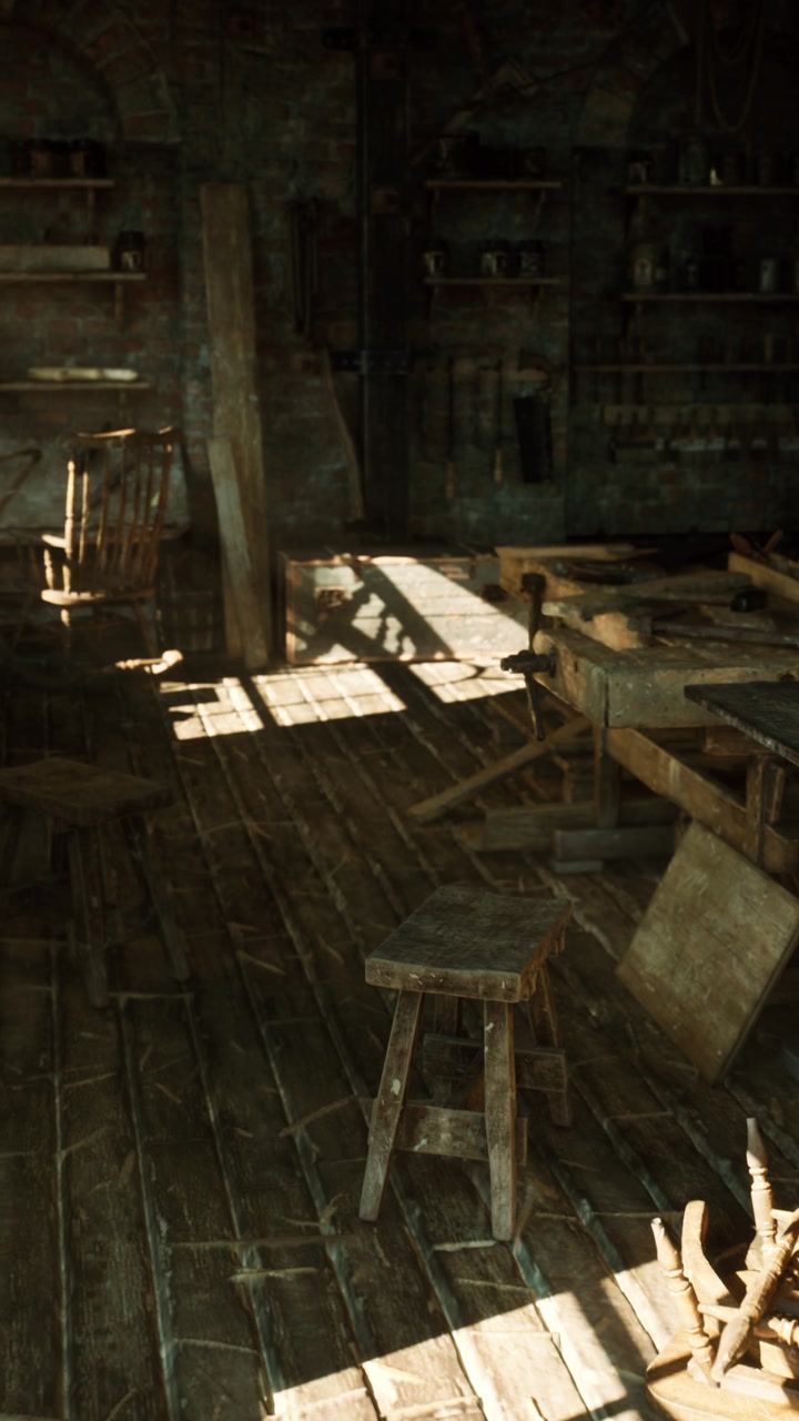 Sunshine bathes artisan corner where wooden materials and tools lie scattered