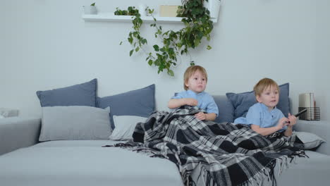 two children watch an exciting tv show on tv. two brothers are watching tv