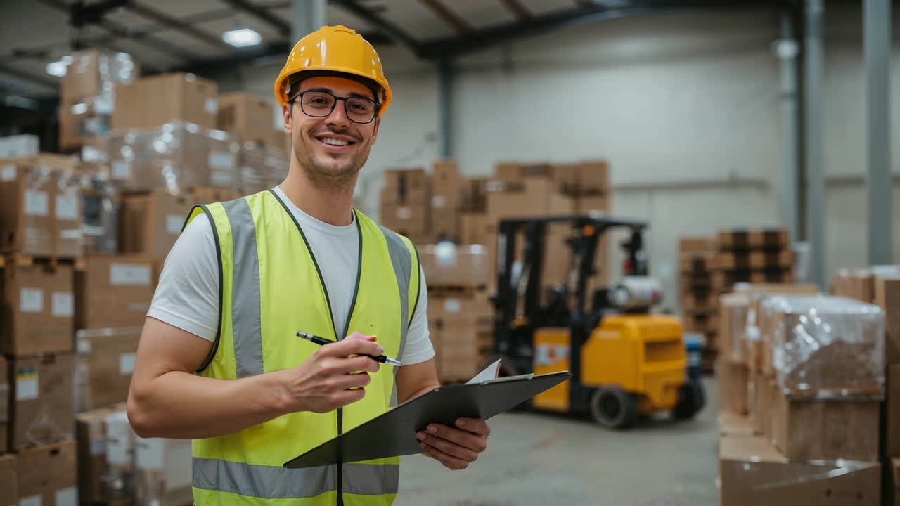 Warehouse worker with clipboard in a logistics facility